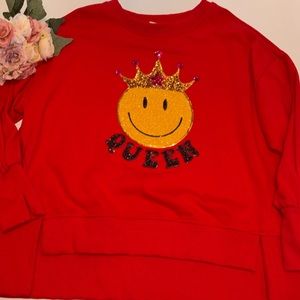 FANTASTIC FAWN SEQUIN OVERSIZED SWEATSHIRT SEQUINS QUEEN SMILEY FACE SEQUINS